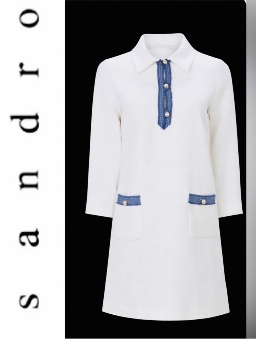 Sandro White Mini Dress with Blue Trim - Picture 7 of 11